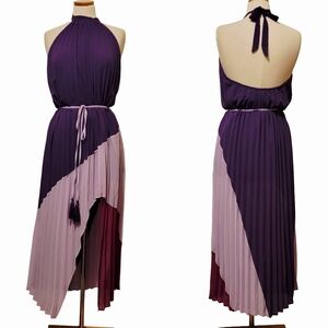 One One Six Halter Pleated Asymmetrical Color Block Belted Any Occasion Dress